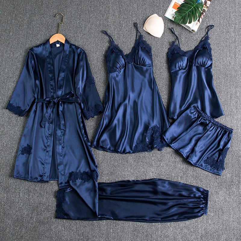 Women's Five-Piece Silk Pajama Set - Sensual Padded Nightdress and Battleship Print for Spring & Summer