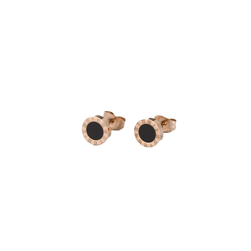 European & American Creative Titanium Steel Roman Numeral Black Round Earrings, Chic Women's Rose Gold Studs.