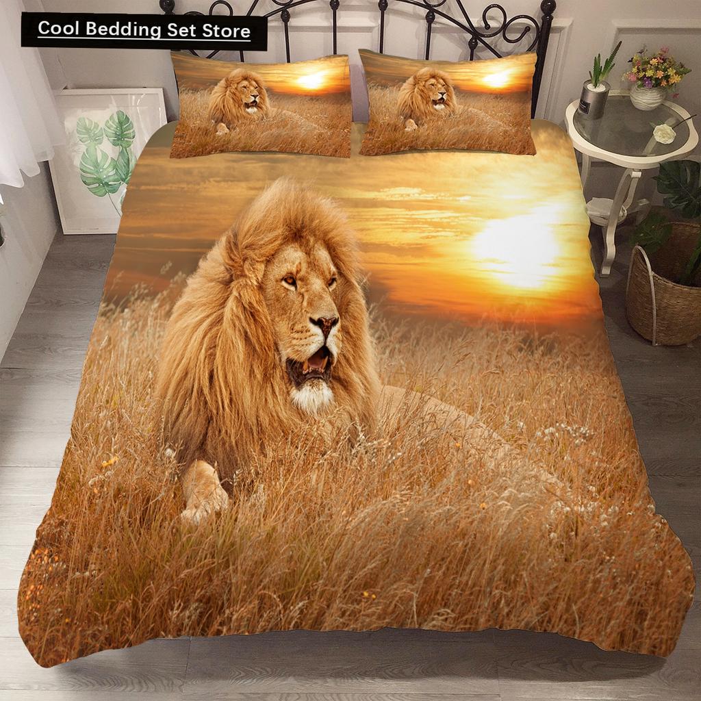 Comforter Lion Tiger King Queen Lovely Wild Animals Bedding Set For Kids Teens Adults Wildlife Grey Black 2/3Pcs