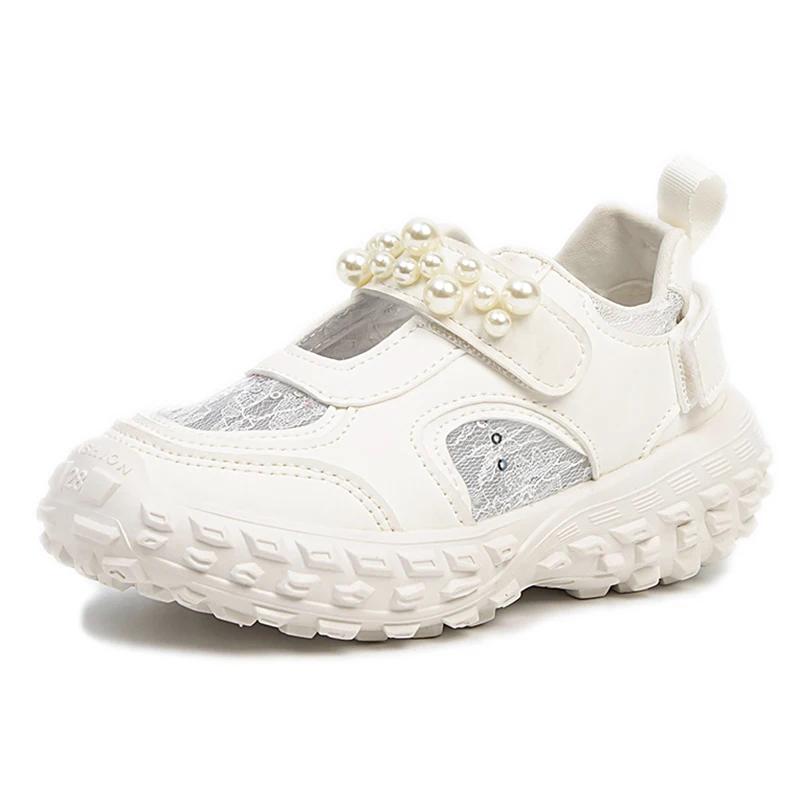 Kids Casual Shoes 2024 Spring Summer Air Mesh Breathable Girls Sneakers with Pearls Beading Bright Skin Shiny Children Shoes New