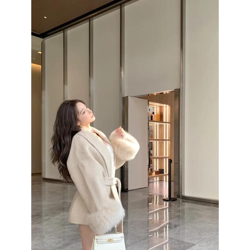 Long Sleeved Loose High-end Coat Medium Length Grey Tie Waist Collection Woolen Coat Women's Autumn Winter
