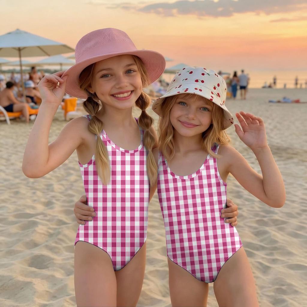 Mädchen Einteiler Badeanzug Kariertes Muster Sommer Strandmode Kinder Badebekleidung Leichte Bequeme Passform