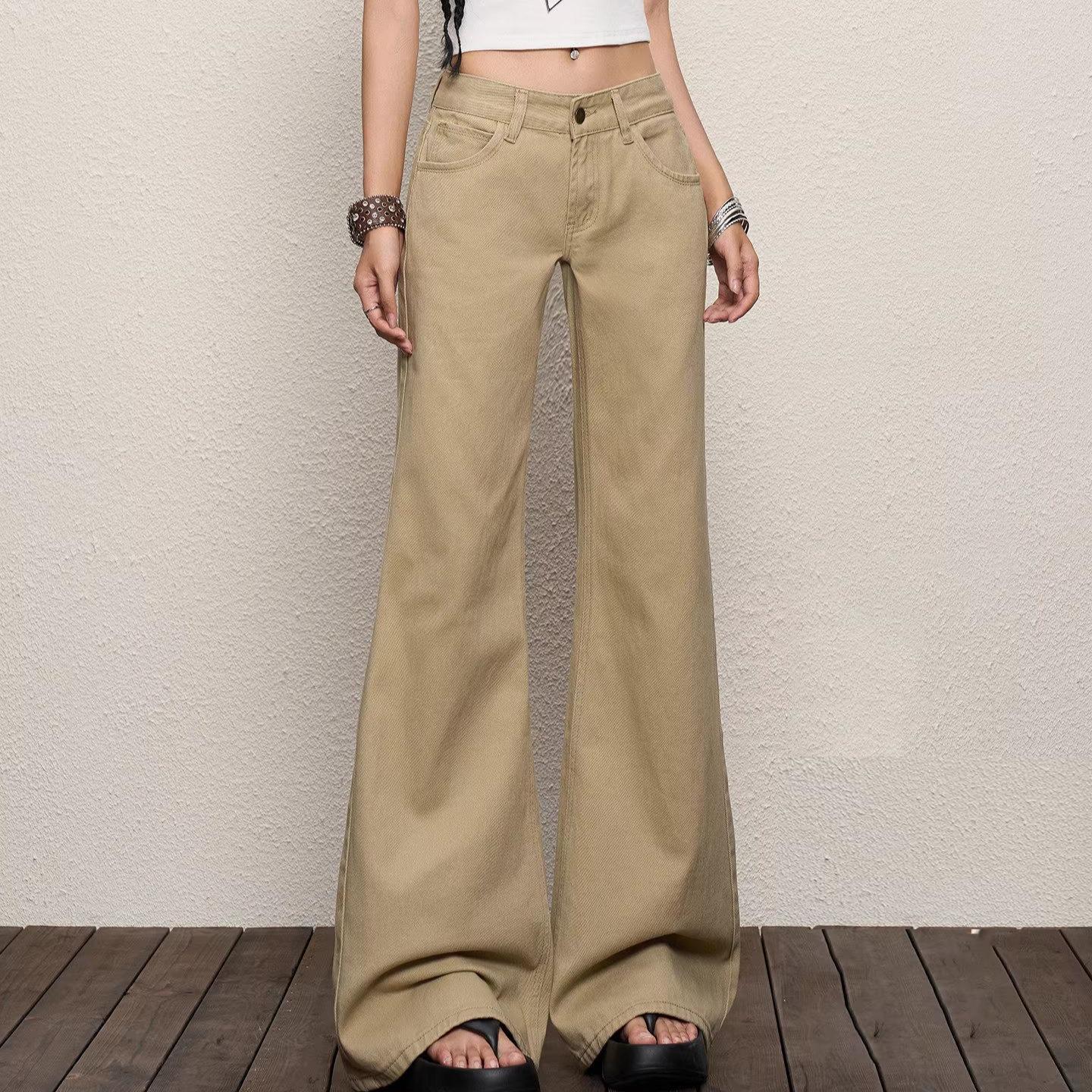 Women s Khaki Low-Rise Micro-Flare Jeans - Retro Spring/Summer Style, Hip-Covering, Slimming, Floor-Length Flare M