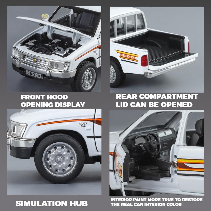 Miniatures 1/32 Toyota Hilux Off Road Pickup Truck Alloy Diecast Model Sound & Light Pull Back Toy Birthday Present for Children