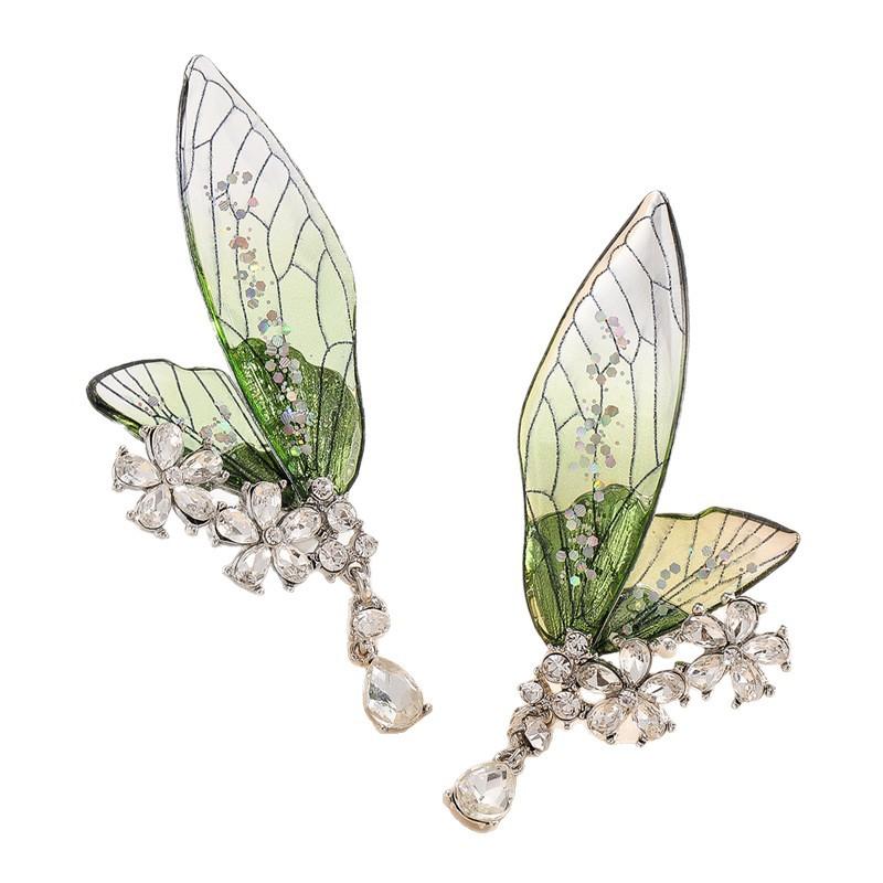 Diamond-studded Wing-shaped Flower Fringed Small and Fresh Earrings, Versatile and High-end Style Accessories