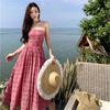 French Temperament Rose Pink Plaid Sleeveless Sling Tube Top Dress Retro Waist Vacation Style Long Skirt Women's Summer