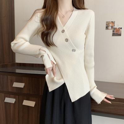 Korean Kpop V-neck Solid Sweaters Autumn Slim Waist Split Tops Women Long Sleeve Bottoming Knitted Pullover
