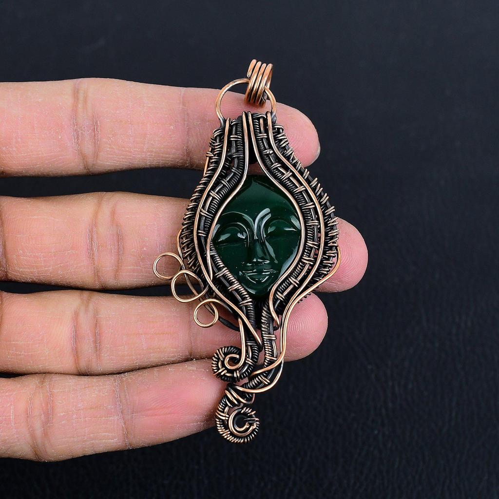 Lady Face Green Onyx Pendant Handmade Gemstone Jewelry, 999 Copper Wire Wrapped Pendant Unique Design Jewelry