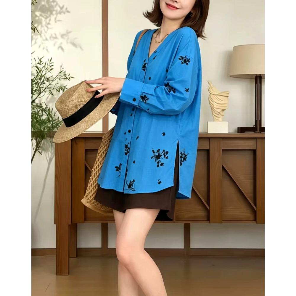 DIMANAF 2026 Women Plus Size New Summer Blouse Shirt Long Sleeve Embroidery Floral Casual Loose Lady Tops Shirts