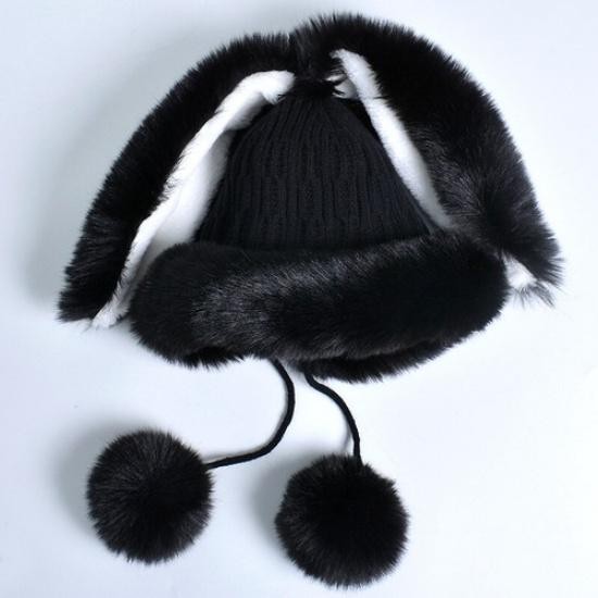 Lad Thick Fleece Lined Knit Cap Hat Winter Faux Fur Fluffy Rabbit Ear Warm Soft чёрный