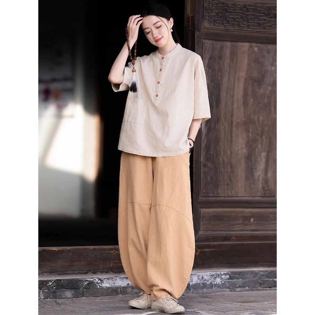 Women's Cotton Linen Zen Meditation Suit with Frog Button Shirt