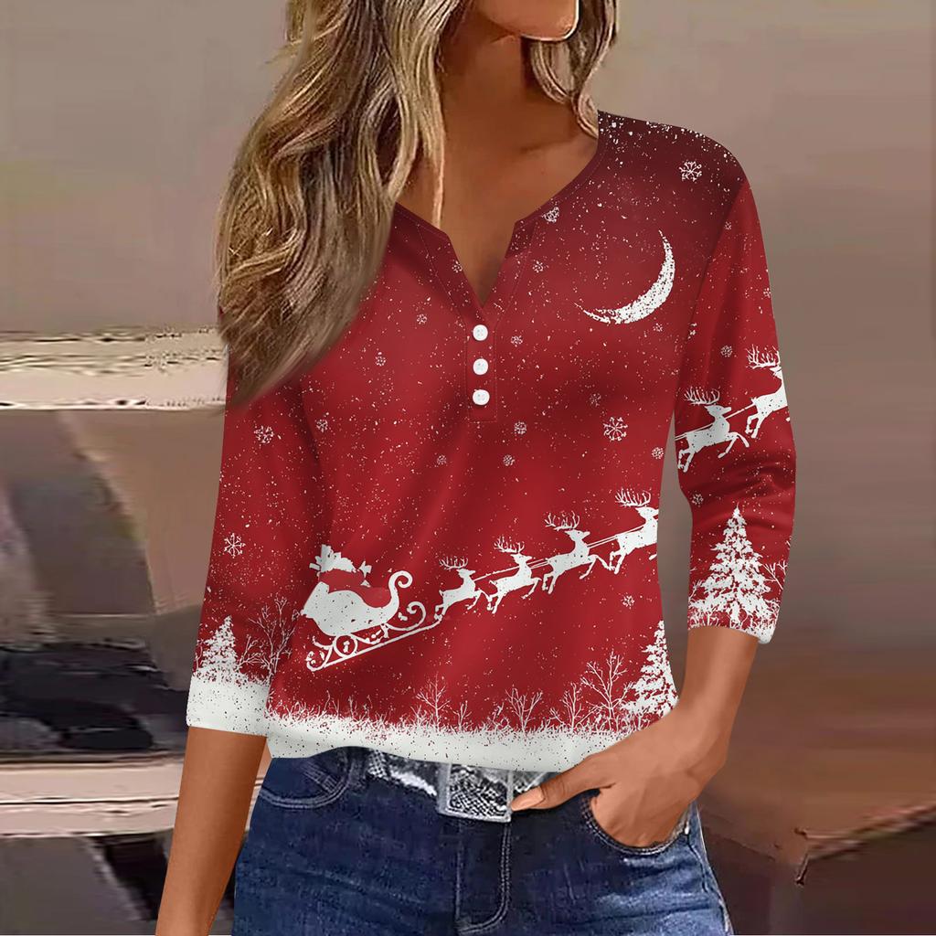 Women's Fashion Casual Christmas Tree Print V-Neck Decorative Button Three-Quarter Sleeve T-Shirt Top