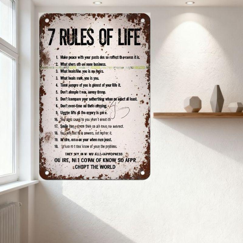 Vintage 7 Livets Regler Rostig Metallskylt Sliten Retro Väggplakett för Hem Man Cave Bar Dekor