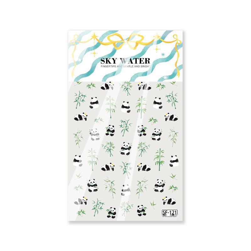 Sky Giant Panda 3D Embossed Nail Art Stickers - Chinese Style Bamboo & Cartoon Doll Design.