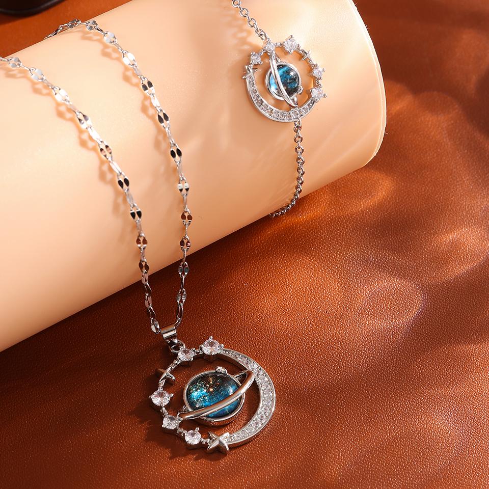 

ZAKOL Hot Sale Blue Planet Moon Series Two-piece Bracelet Necklace Set for Women Shiny Zircon Korean Fashion Daily Accessories