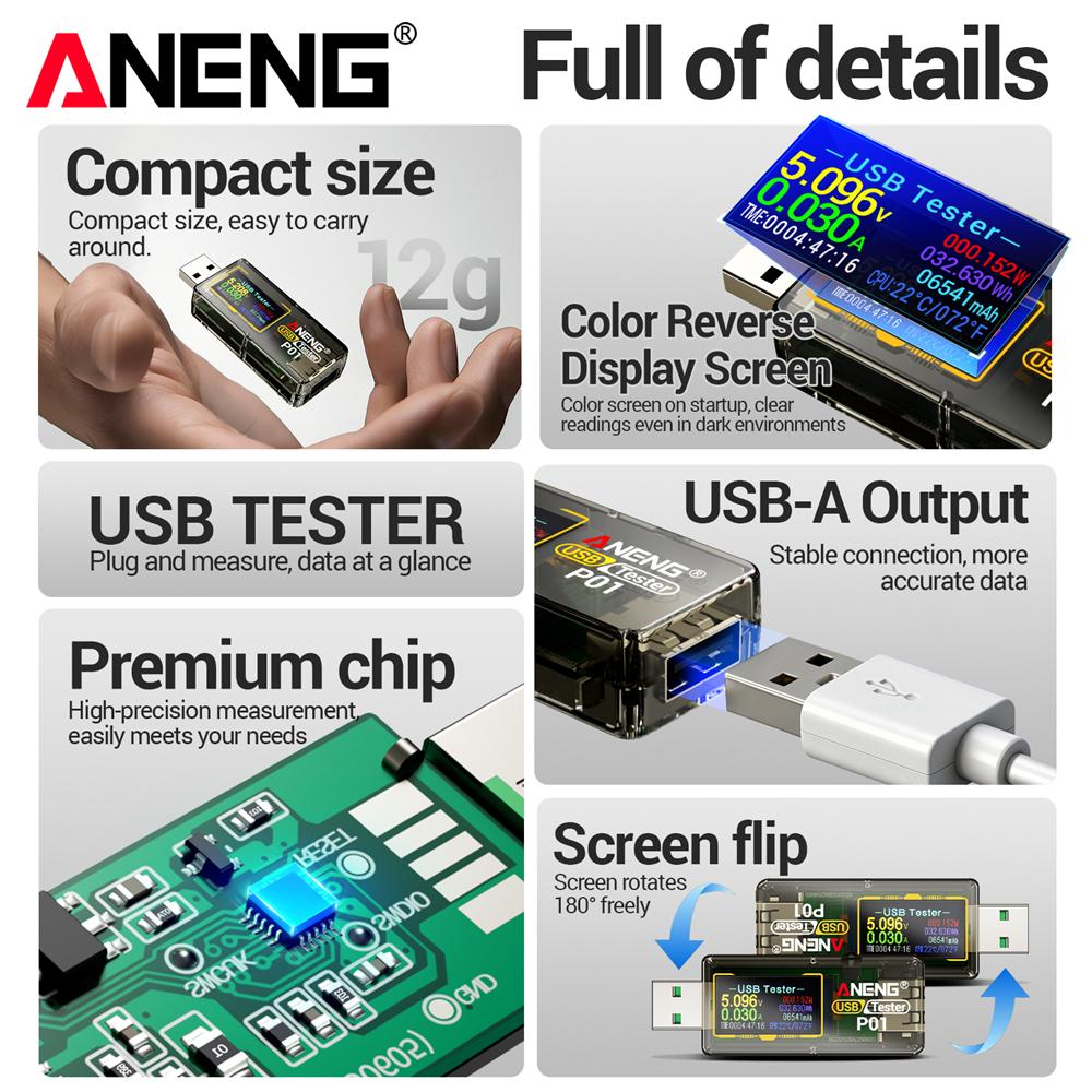 Digital USB Tester Voltage Current Capacity Tester Voltage Display 4-30V Multi-function Fast Charging Detector Monitor ANENG P01