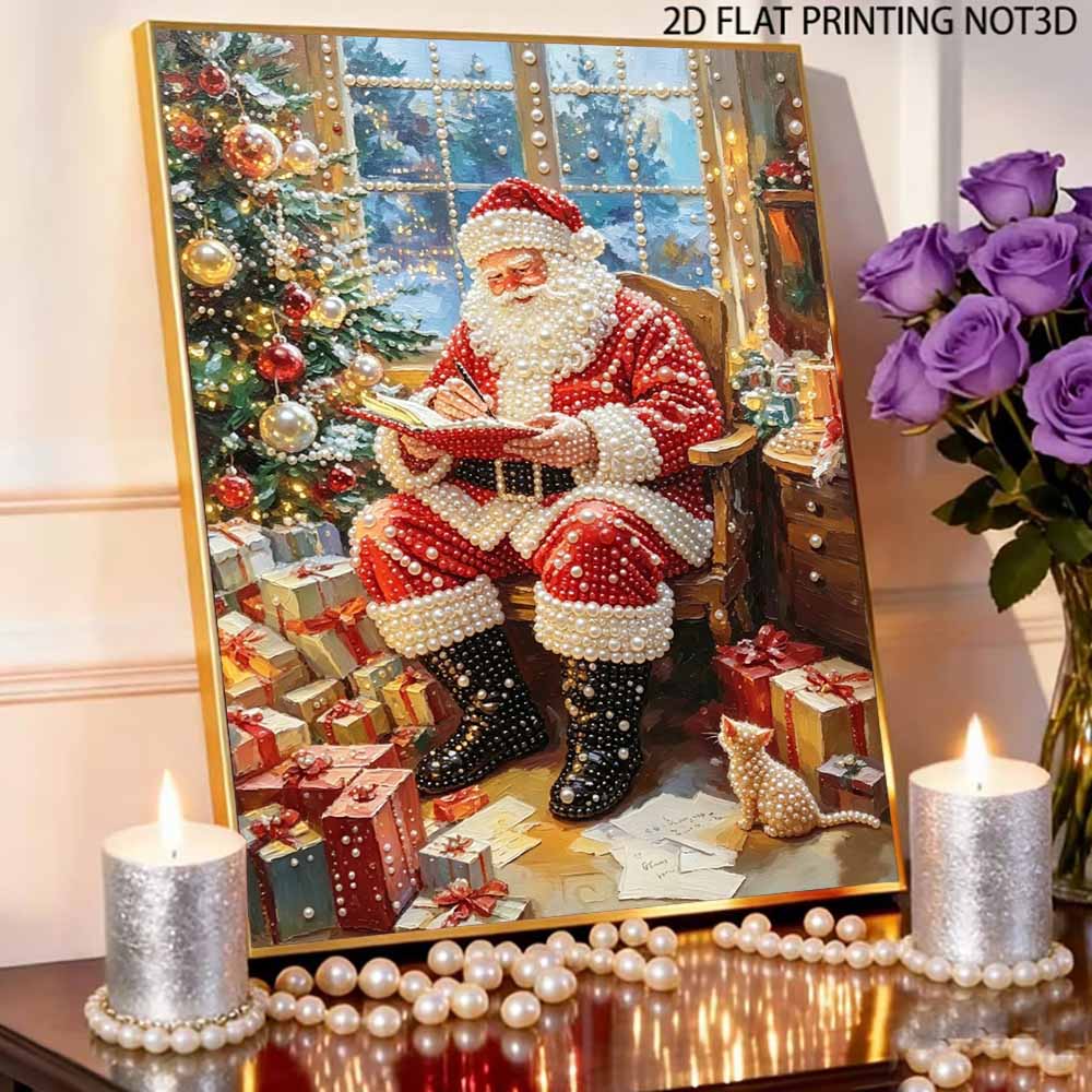 Christmas Santa Claus Writing List Pearl Bead Painting Kit with Frame Shiny Canvas Art Creative Craft Home Decoration Holiday Gift