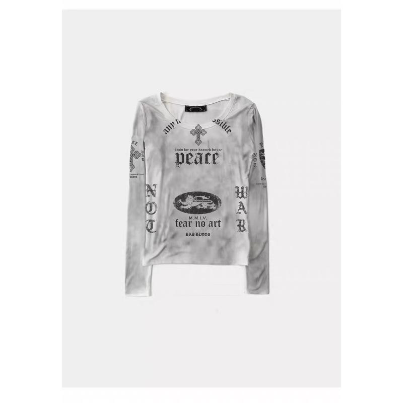 Badblood BCAC Series Distressed Slim-Fit Retro Print Long-Sleeve Base Layer Women s Top Small