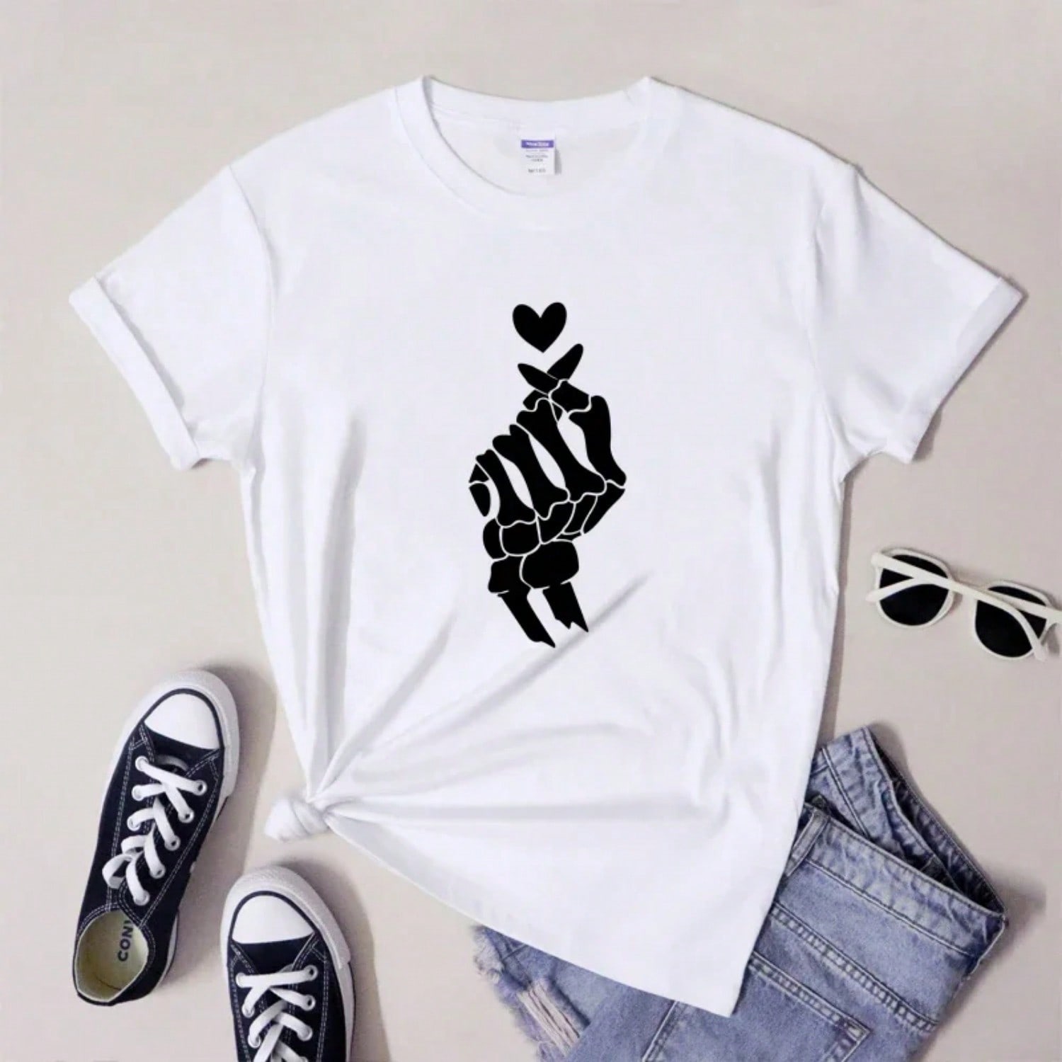 Skeleton Korean Heart Finger T-Shirt Gothic Kpop Love You Symbol Tee Shirt Funny Wounisex Valentine Oppa Tshirt S разноцветный