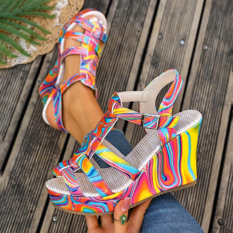 High Heel Sandals Women's New Cross-border Foreign Trade Large Size Wedge Embroidered One Line Buckle Peep Toe Platform Women