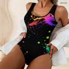Women Plus Size Black Rainbow Splash Printed Scoop Neck Wide Straps High Cut One Piece Swimsuit