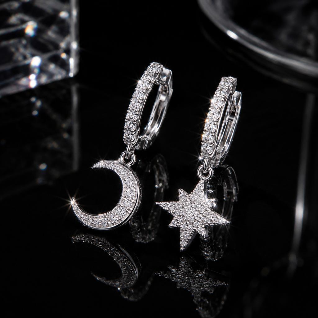 Sterling Silver Moissanite Star Moon Mismatched Dangle Earrings Platinum Plated Micro Paved Sparkly Star and Moon Women Earrings