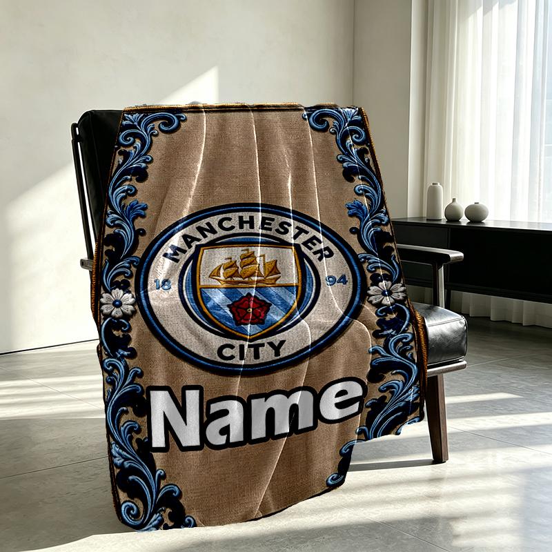 Custom Name Personalized Manchester City FC Print Blankets, Home Decor, Bedroom, Sofa, Camping, Couch, Gifts for Birthday Christmas