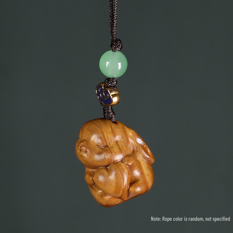 Green Sandalwood Cute Rabbit Keychain - Zodiac Rabbit Solid Wood Pendant Approx. 25*19*21mm
