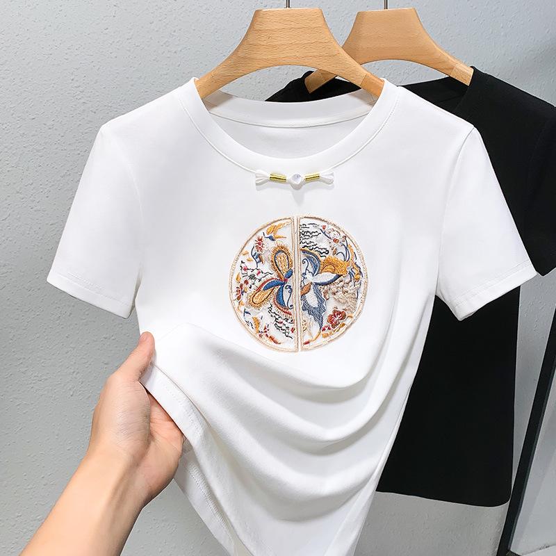 New Chinese Short-sleeved T-shirt for Women's New Round Neck Embroidered Embroidered T-shirt Light Chinese Style Chinese Elements Improved Top