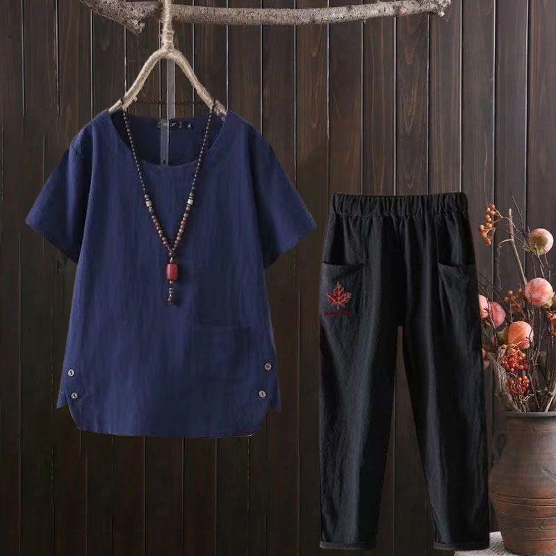 2pcs Cotton Linen Pants Suits Summer Women's Round Neck Cotton Linen Blouse Elastic Waist Cotton Linen Harem Pants Two-Piece Set Casual  Outfits