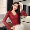 Lace Sexy V-neck Women's Long Sleeve T-shirt with Chest Pads