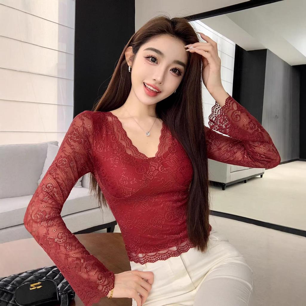 Lace Sexy V-neck Women's Long Sleeve T-shirt with Chest Pads