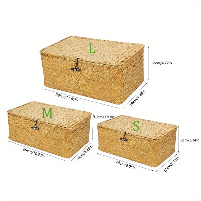 Brown/beige/coffee 3-pieces Set Grass Woven Home Sundry Storage Box with Lid Cover buckle,toy&Towel&Dirty Clothes Collecting Basket Container.