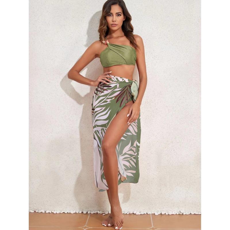 Women's Orange Textured Twist Front Bikini With Tropical Print Sarong Three-Piece Swimsuit Set