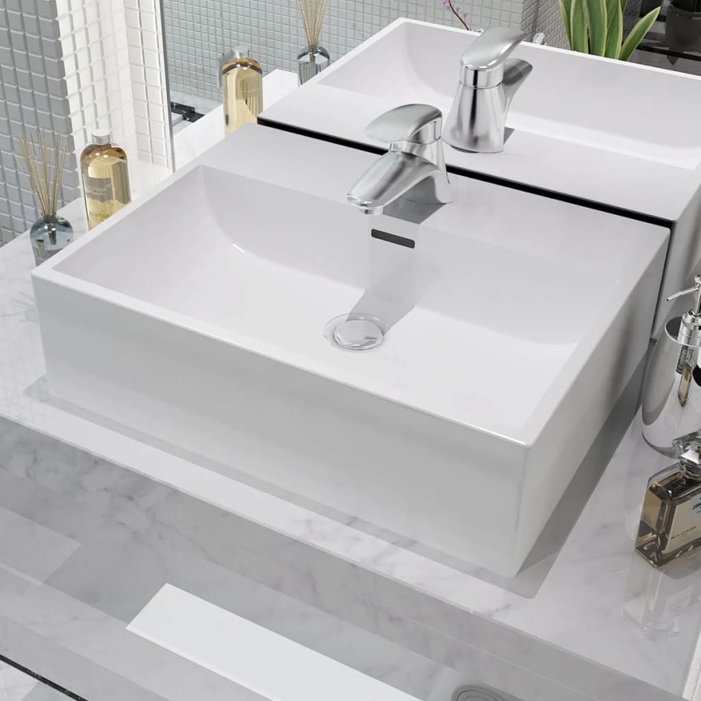vidaXL Sink with Faucet Hole Ceramic White 51.5x38.5x15 Cm