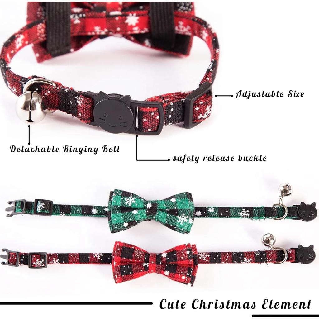 4 Pack Christmas Cat Collar, Breakaway Collar with Bell and Cat Bow Tie, Removable & Adjustable