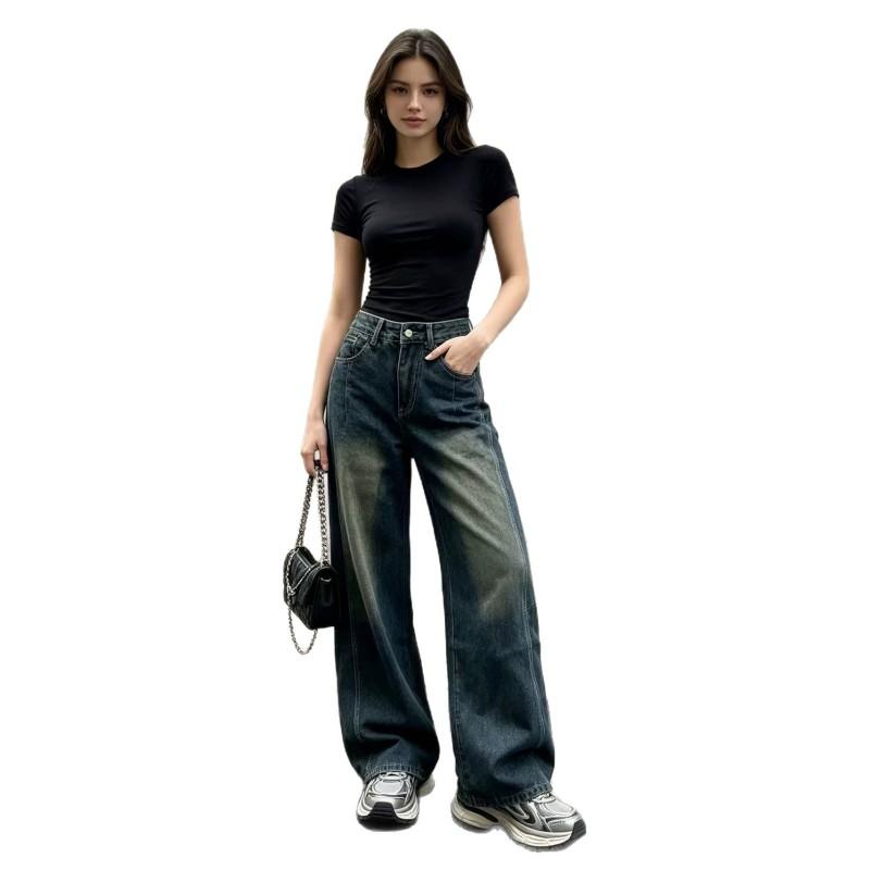 Womens High-Waisted Wide-Leg Straight Cut Denim Jeans Water Washed Comfort Fit Casual Office Wear