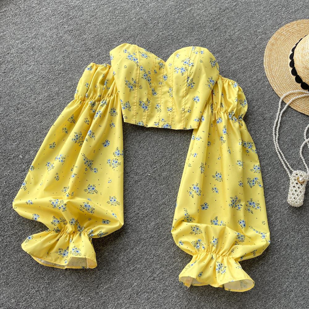 

Женская рубашка Spice Girl на одно плечо с длинным рукавом и открытой спиной, с милым цветочным принтом, короткий топ с темпераментом one size жёлтый