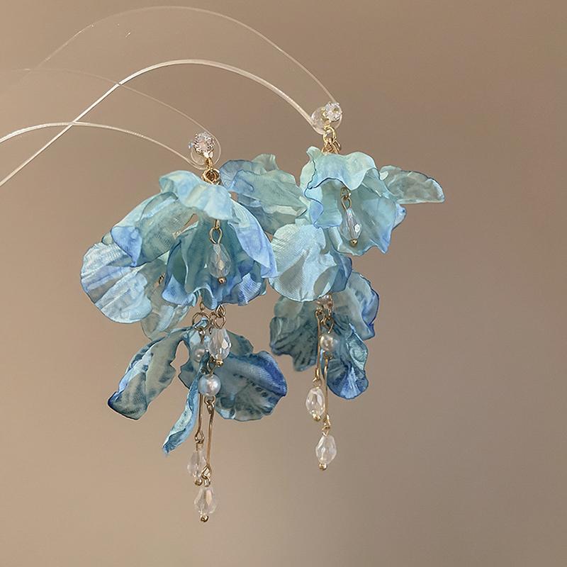 

Летние шифоновые серьги-кисточки с цветами для женщин, стиль для отпуска, преувеличенные милые серьги-капли, ювелирные аксессуары, подарки
