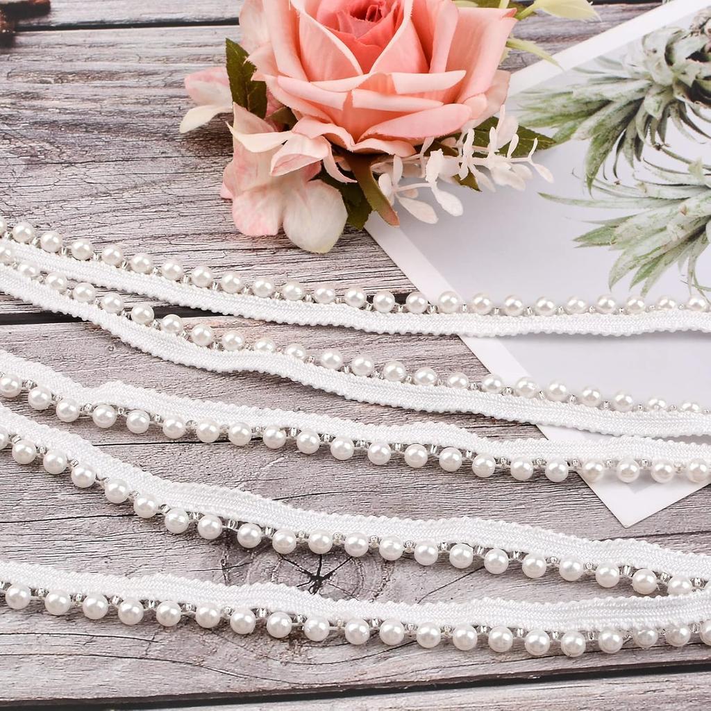 6mm Pearl Bead Tassel, Fringe Lace Edge Trim Ribbon, 10 Yards Vintage Style White Edging Trimmings Fabric Embroidered Applique Sewing Craft
