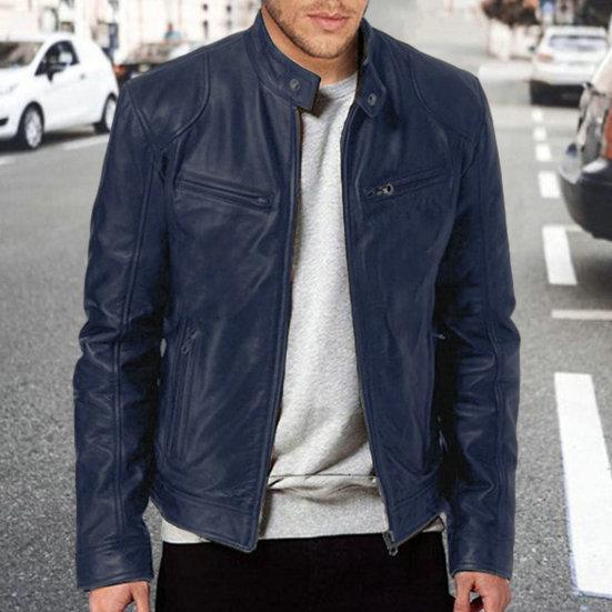 

Мужское мотоциклетное пальто из искусственной кожи с ветрозащитным воротником-стойкой, сплошной цвет, карманы на молнии, гладкая мужская куртка среднего размера средней длины, осенне-весенняя куртка