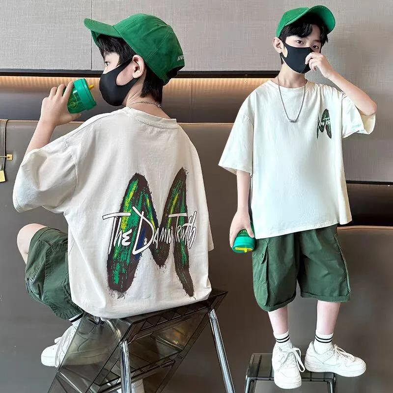 Teen Boys Clothing Set Summer Letter Short Sleeve T Shirt Pants Suit Kids Handsome Casual Outfit