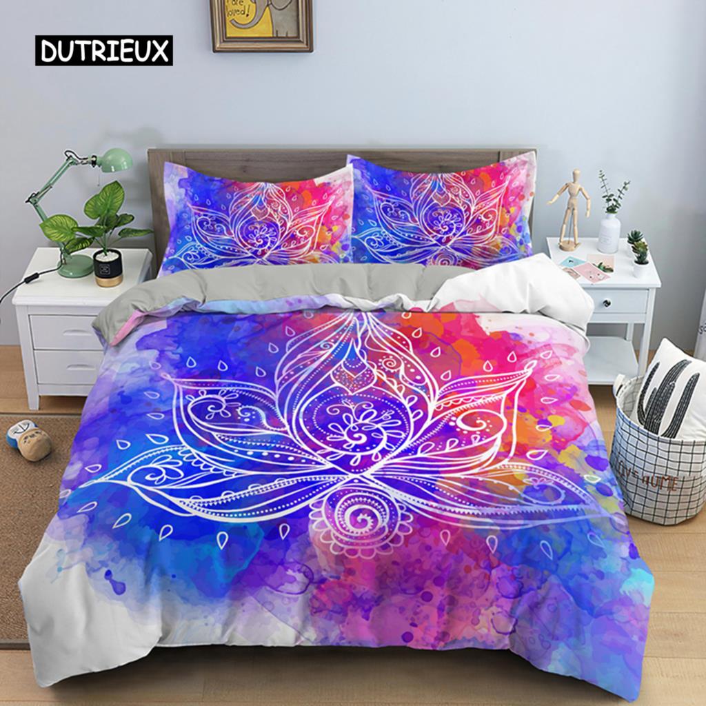2/3dílná Sada na postel Bohemian Lotus Sada povlaku na přikrývku Mandala Květinový povlak na přikrývku Pro dospělé Černá Polyesterová sada ložního prádla Queen King Twin Pro teenagery
