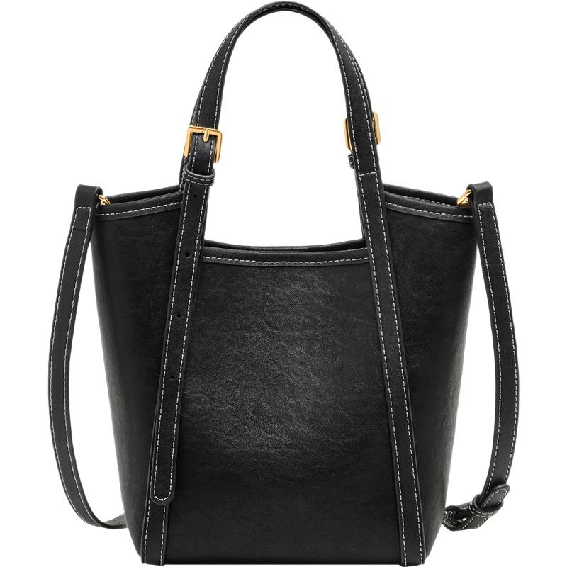 2025 New Black Leather Bucket Bag Autumn Winter Handheld Basket Commuter Crossbody Bag Niche High-End Women's Bag