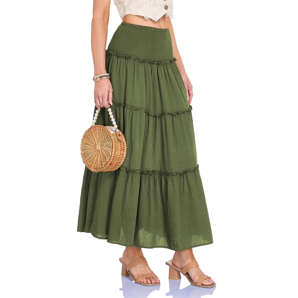 Women's Fashion  Pleated Floral Print Elastic Waist  Loose Splicing A Line Pocket Skirt