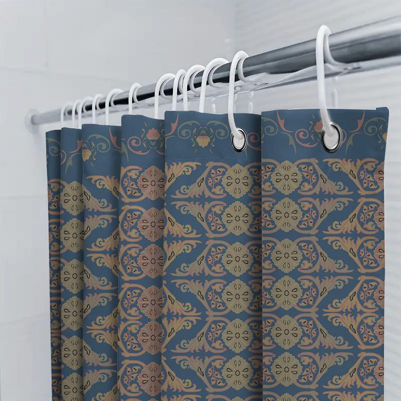 Blue Floral Pattern Shower Curtain With Metal Hook For Bathroom Decoration
