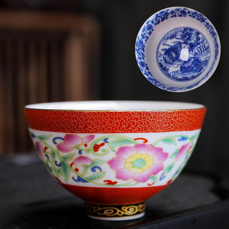 Ceramic Enamel Color Tasting Single Blue and White Douli Japanese Style Filigree Tea Bowl Kung Fu Master Cup Gift Bo