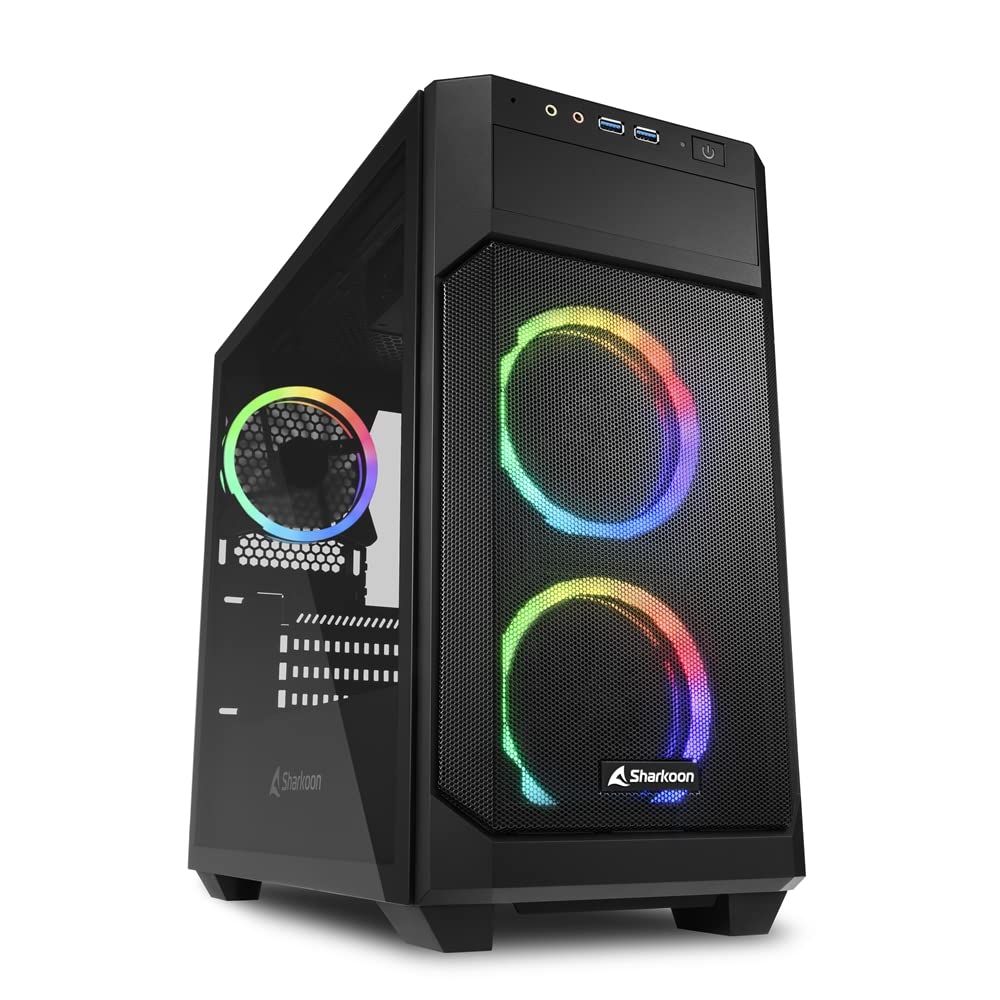 Sharkoon V1000W RGB Micro Tower PC Case, Micro-ATXMini-ITX Compatible, Features 3 X 120mm ARGB Fans, 1 X 5.25-inch Bay, Tempered Glass Side Panel,