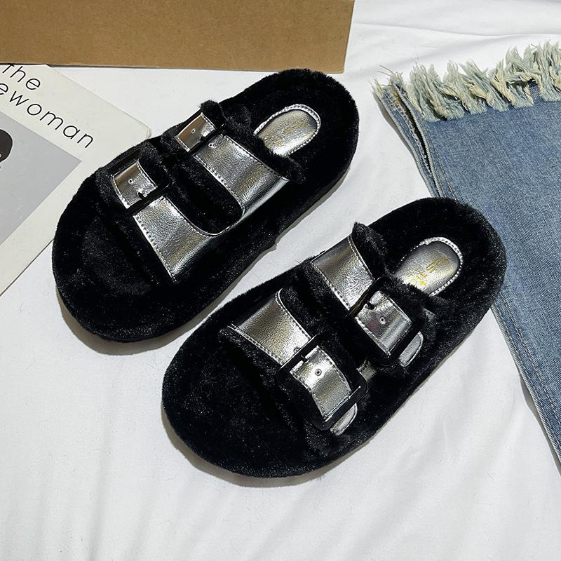 

Модные корейские дизайнерские меховые тапочки с пряжкой для ремня для женщин, модные повседневные осенне-зимние хлопковые тапочки для женщин 40