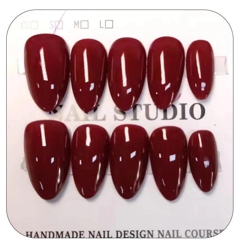 100% Handmade Short Almond Shape Deep Dark Red Fake Nail Set With Glue & Box Minimalism Simple Artificial Nails Phototherapy Press On Nails